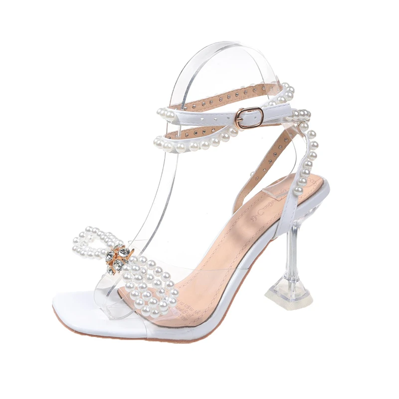 Sandalias De gladiador con cuentas blancas para Mujer, zapatos sexys De tacón alto para fiesta y boda, novedad De verano 2023