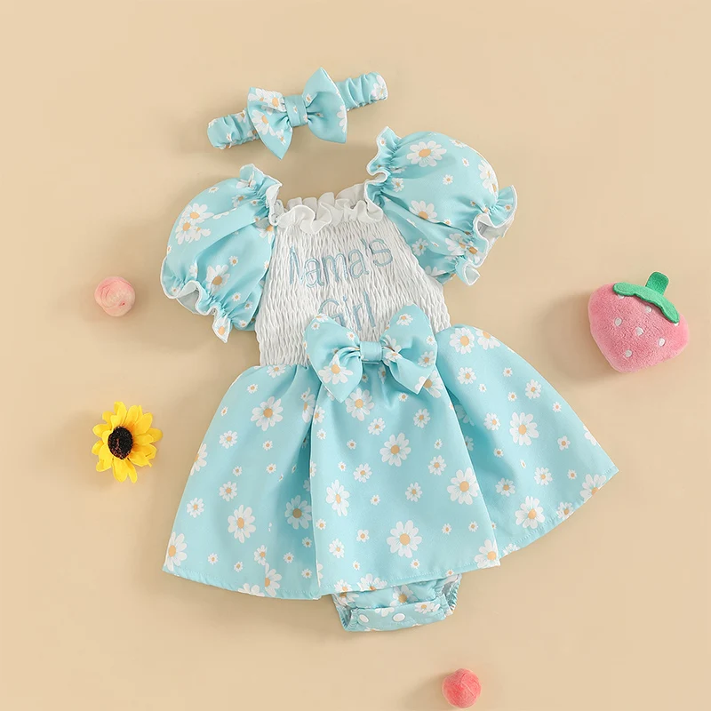 Baby Girl Romper Dress Cherry Flower Print Letter Embroidery Puff Sleeve Jumpsuit With Cute Headband Set Summer Clothes 0-18 M