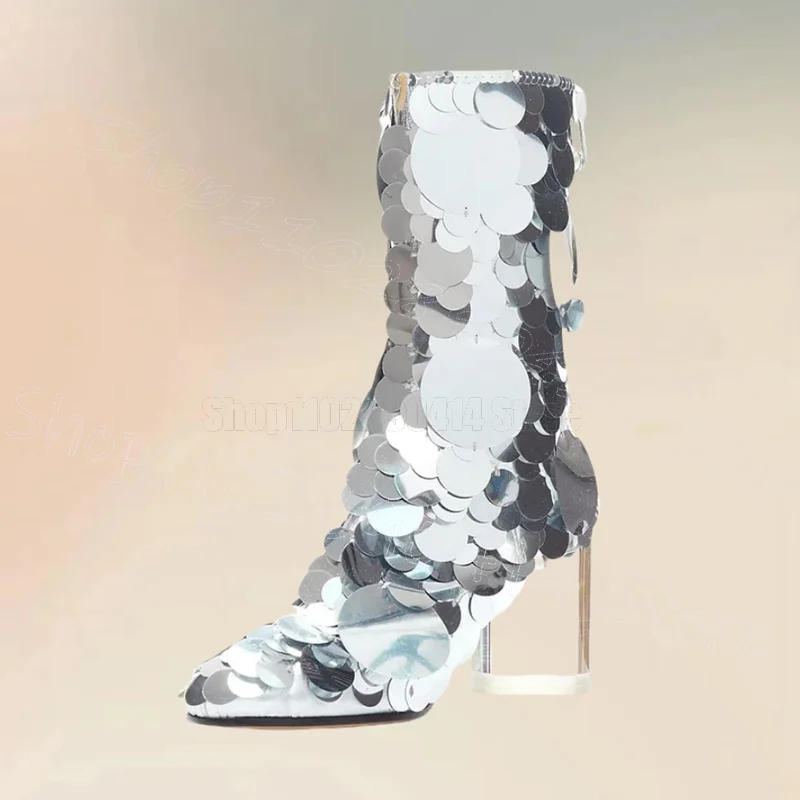 

Silver Sequins Design Crystal Heel Boots Back Zipper Women Shoes Thin High Heels Pointed Toe New Party 2025 Zapatos Para Mujere