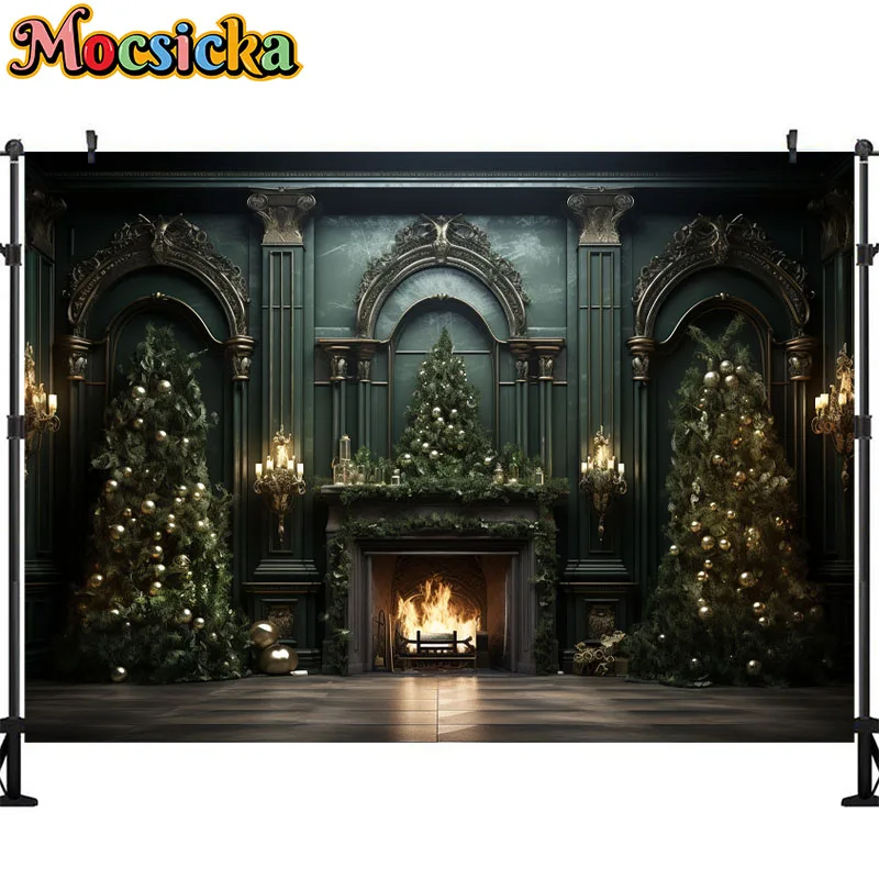 Mocsicka-Natal Lareira Backdrop para Fotografia, interior Props, Xmas Tree, Janela, Girl Photo Background, Wallpaper Decoração