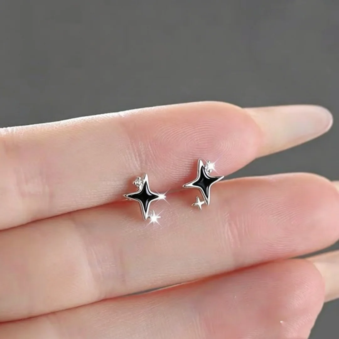 Women Four‑Pointed Star Stud Earrings, Synthetic Zircon Inlaid Star Earrings, 925 Sterling Silver, Hypoallergenic Jewelry Gift