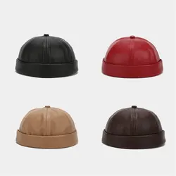 2024 Autumn PU Solid Docker Cap Brimless Hat Beanie Hats Adjustable Solid Landlord Sailor Cap Men and Women 122
