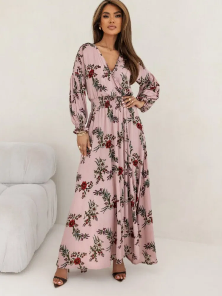 Robe Longue Imprimée Style Boho pour Femme, Col en V, Manches sulf, Haute, Ligne A, Fente Latérale, Élégante, Bureau, Été, 2024