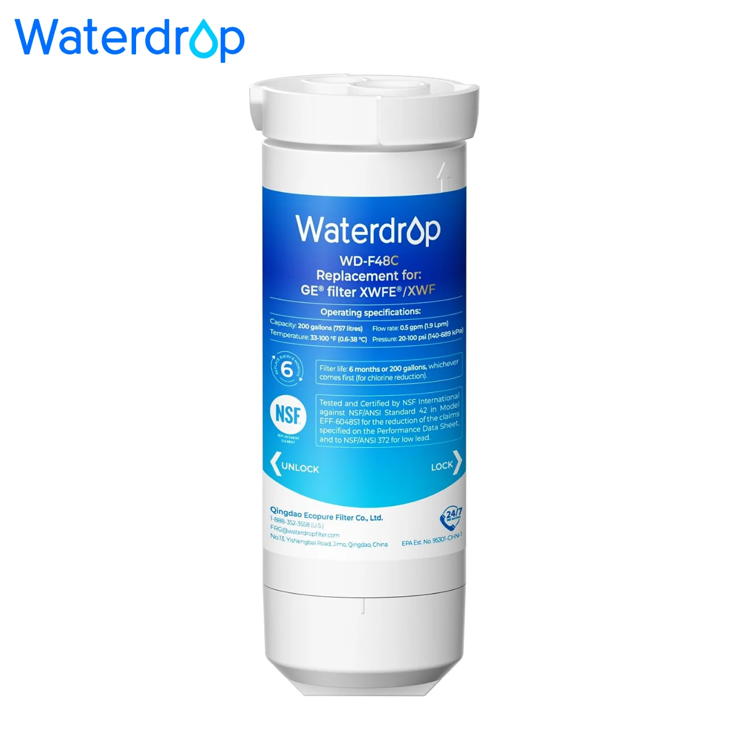 Waterdrop XWFE® Water Filter, Replacement for GE® XWFE®, Built-in Chip | Replacement for GE® XWF, Compatible with GNE27, GFE26, GDE25, GSS25 and PSE25 Series Refrigerators, NSF 42 & 372 Certified