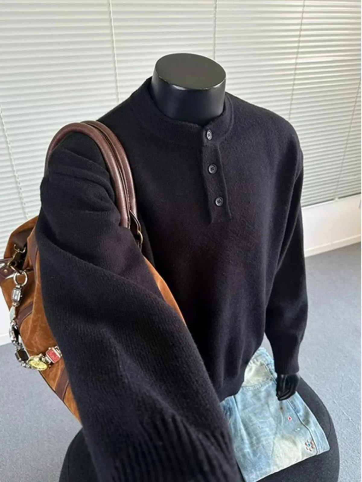 

Мужской вязаный свитер Bla Henry Collar: повседневный, универсальный, для осени и зимы, в американском стиле, для молодежи