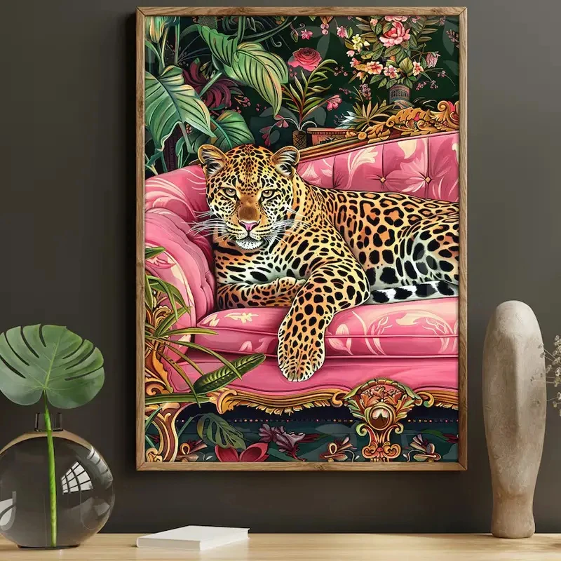 Modern Style Pink Sofa Tiger Canvas Prints Jungle Animal Wall Art Poster for Home Office Bedroom Living Room Decoration Cuadros