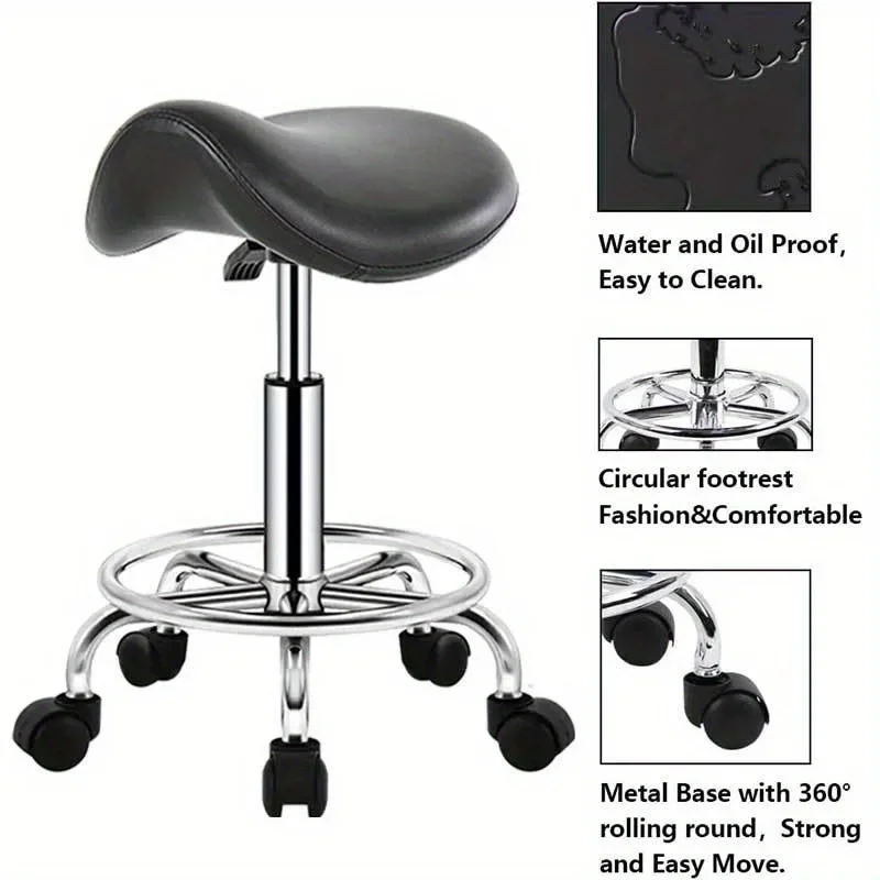 Ergonomic Rolling Saddle Stool, Adjustable Height PU Leather Chair, Smooth Casters, Swivel Base, Comfortable Seat Salon JJ730