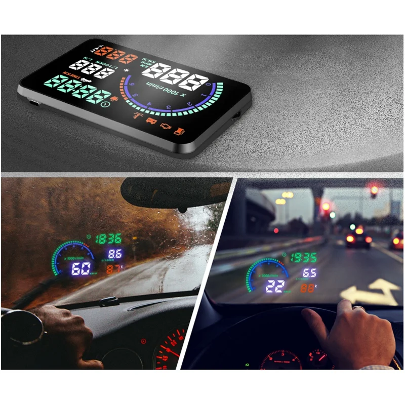 HUD I9 Head Up Display Auto HUD OBD2 ความเร็วรถโปรเจคเตอร์ KMH MPH Speedometer การใช้น้ํามันนาฬิกาปลุก