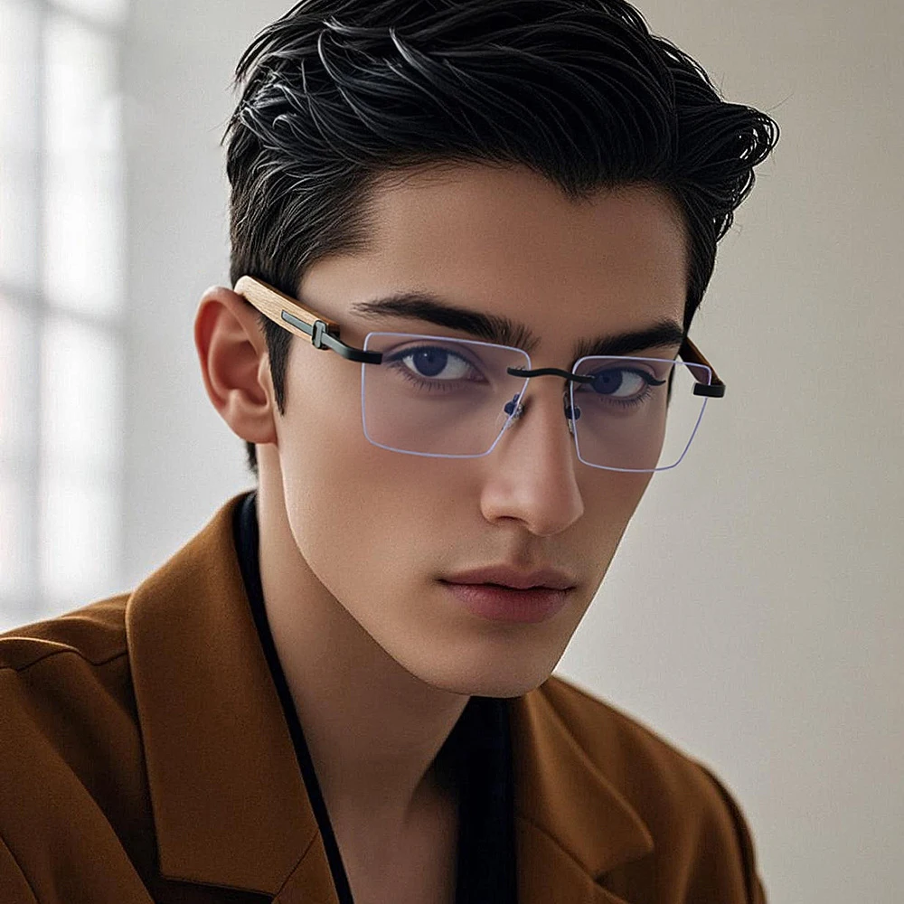 JMISUS Man Rimless High-Quality Metal Progressive Multifocal Glasses Anti-Blue Light Square Prescription Eyeglasses