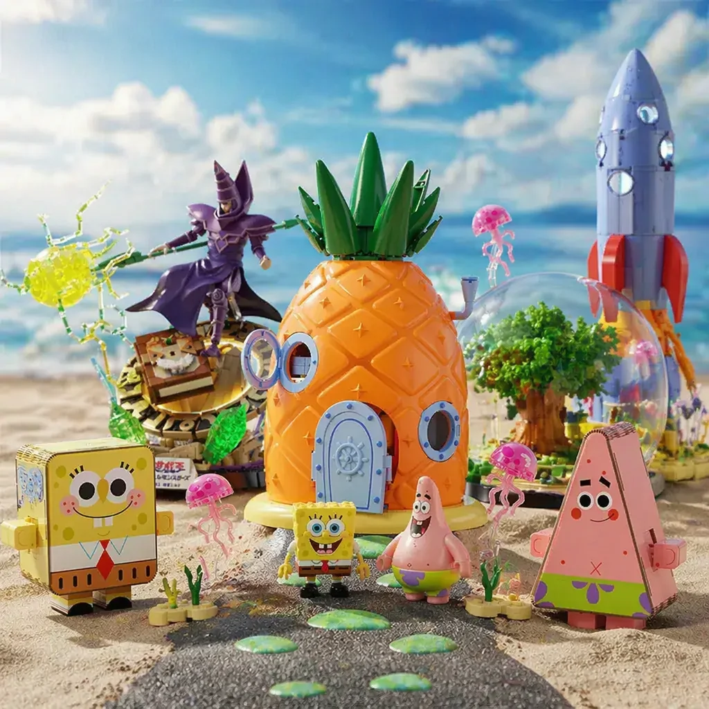 AREAX SpongeBob Schwammkopf Ananas-Haus Modulares Baustein-Set Unterwasser-Ozeanszene Konstruktions-Bausteine Modellbausatz DIY-Montage mit 4 Figuren Spielzeug für Erwachsene Ideales Geburtstags- und