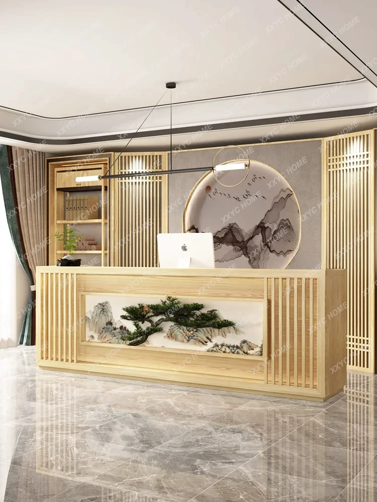 A  New Chinese welcome pine checkout page Hotel restaurant Hotel teahouse Solid wood health center Reception desk