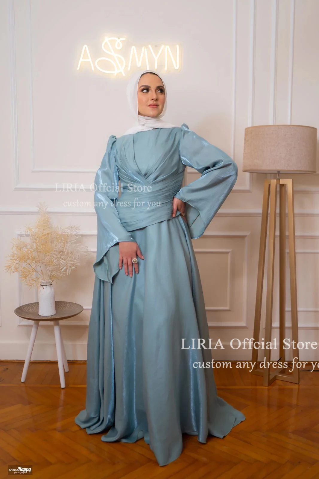 LIRIA Blue Modest Satin Evening Gown with Hijab Long Sleeve Customsed For Woman Made Formal Dress for Muslim Wedding Party 