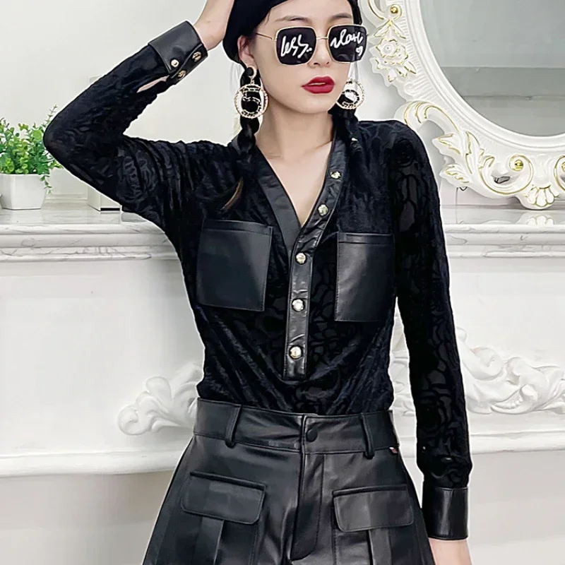 Tajiyane Top Women 2022 Spring Autumn New Leather T Shirt Women Fashion Sexy V-neck Long-sleeved Bottoming Tops Feminine Clothes