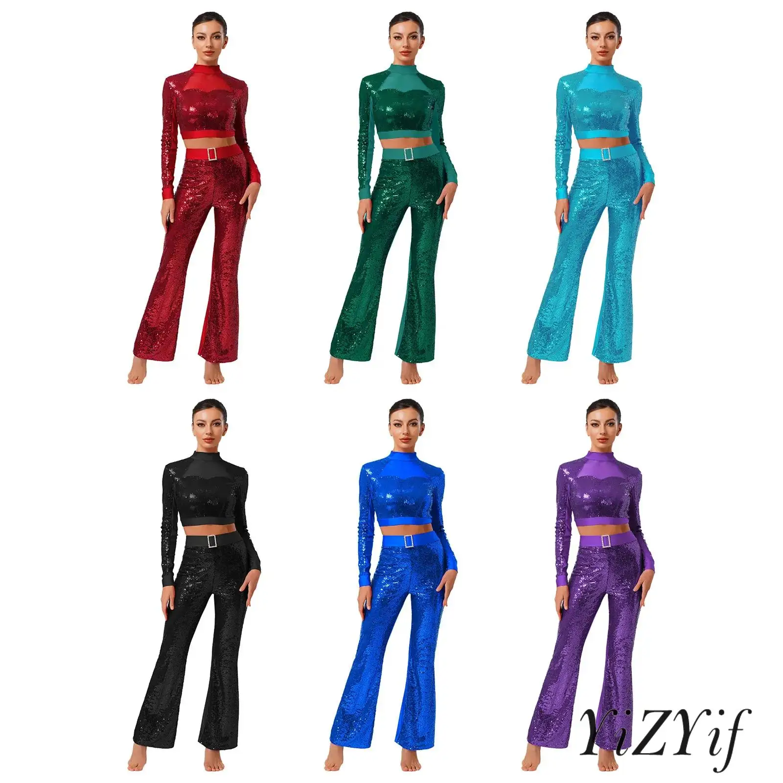 

Womens Jazz Latin Rock Music Dance Performance Costume Sequin Long Sleeve Crop Tops+Flared Pants 2-piece Shiny Dancewear Suits