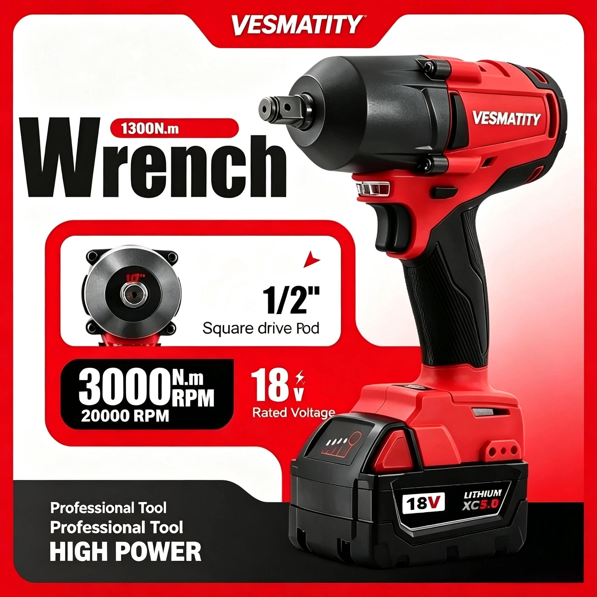 1300NM Cordless Electric Wrench Large Torque Brushless Car Truck Repair Impact Wrench For Milwaukee Battery