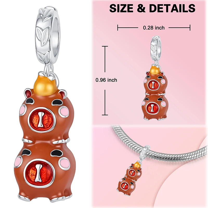 Stacked Double Capybara Dangle Charm 925 Sterling Silver Capybara with Orange on Top Bead Fit Bracelet Jewelry Gift for Women