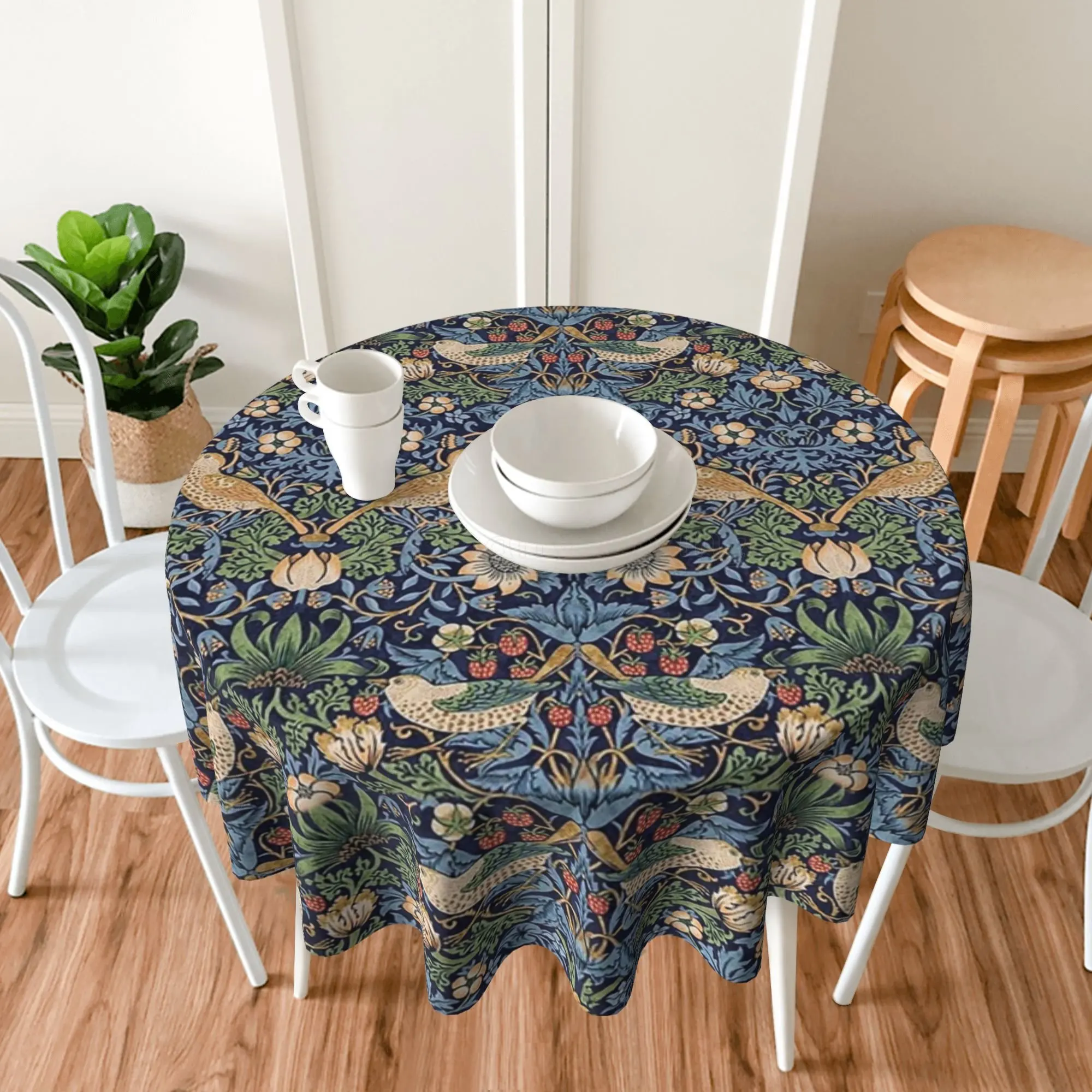 William Morris Print Round Tablecloth 60 Inch for Dining Washable Polyester Table Cloth Water Resistant Spill Proof Table Cover