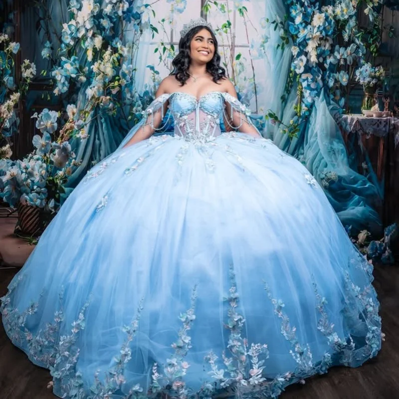 

Customized sky blue Quinceanera Dresses Off the Shoulder Tull 3D flower sequin applique crystal Lace Vestido De 15 Quinceanera