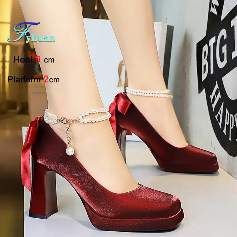 

Fashion Women's Shoes Bow Decoration Chunky Heels Pearl Chain Straight Strap Square Toe Waterproof Platform Wedding Party Shoes