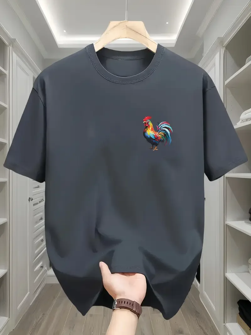 تي شيرت برقبة دائرية مطبوع عليه الديك، نمط كاجوال للرجال، ملابس صيفية خارجية، نمط يومي، تي شيرت عصري ومريح