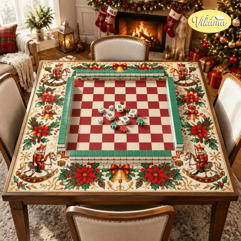 VIKAMA Christmas Mahjong Mat Plaid Nutcracker Rocking Horse Soft Non-Slip Mahjong Play Mat Game Room New Year Festival Decor