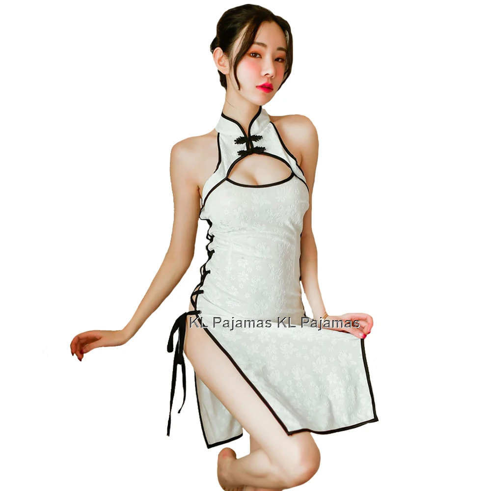 

White Chinese Traditional Dress Women Sexy Erotic Qipao Lingerie Bandage Temptation Retro China Style Side Slit Hollow Cheongsam
