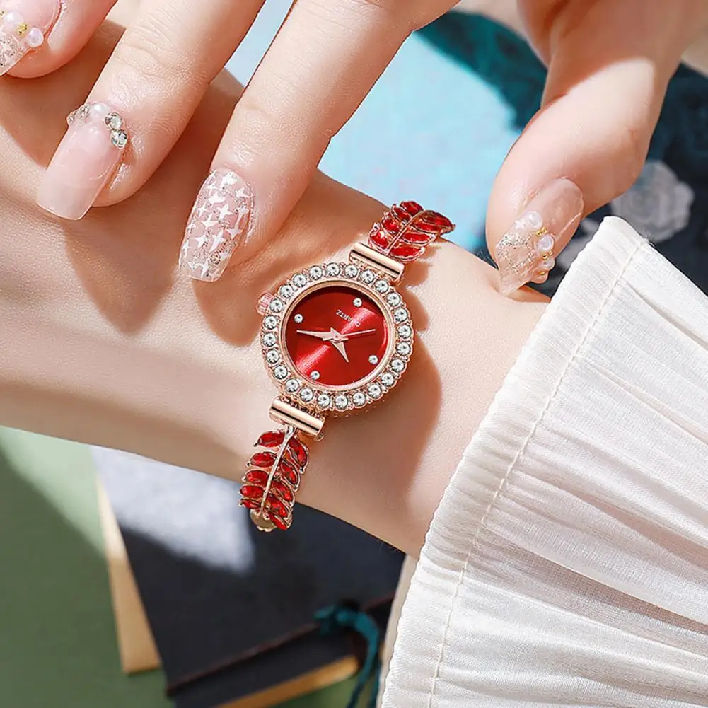 Round Dial Watch Women Watch Women Rhinestone Leaf Watch Round Dial Quartz Bracelet Wristwatch Formal Dress Jewelry for Ladies