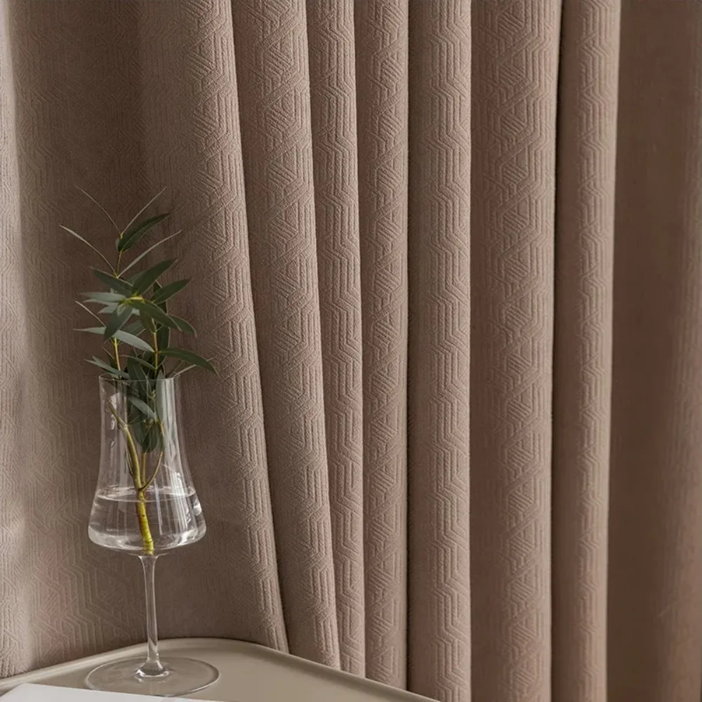 Simple modern geometric pattern chenille full blackout milk curtains bedroom floating window living room floor-to-ceiling window