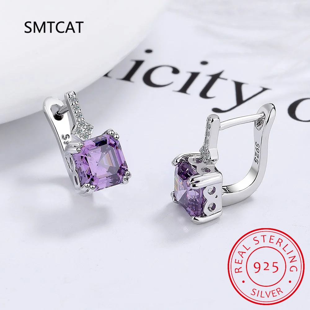 

Princess Cut Natural Purple Amethyst 925 Sterling Silver Square Hoop Earrings for Women Colorful Gemstone Fine Jewelry Huggies