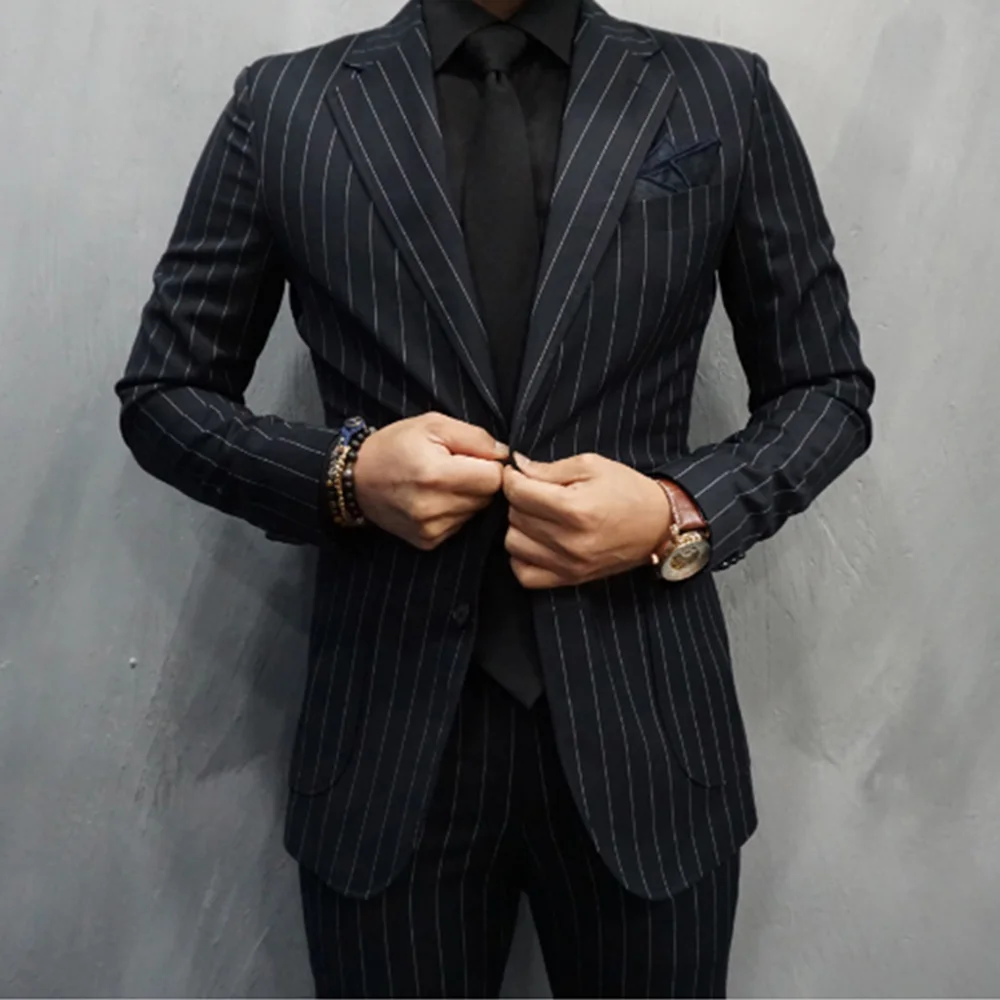 Black Striped Men Suits Single-Breasted Blazer Formal Business Office Wear Slim Fit Large Size/Daily Male Groom Jacket With Pant