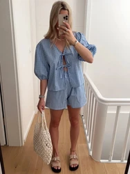 Foridol Plaid Print Women Matching Set Summer Casual V Neck Bowknot Shorts Set 2 Pcs Outfits Blue Chic Spring Blouse+shorts Set