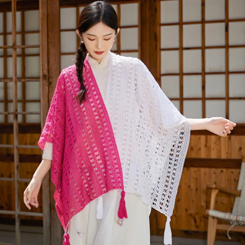 Women Knitted color blocking Poncho Ethnic Style  Shawl Thin Spring Summer Cape Cloak Decorative Scarf sun protection coat P1