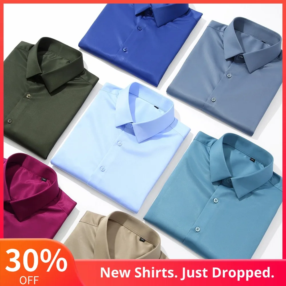 Men's Solid Color Non-Iron Long Sleeve Stretch Dress Shirt, Silky Smooth Skin-Friendly Easy Care Formal Menswear Button-up Shirt
