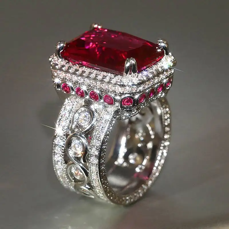 Anillo Huitan de Lujo con Circonitas Rojas Brillantes para Mujer, Accesorios Elegantes para Boda, Diseño Grabado, Joyería Femenina Delicada para Fiesta