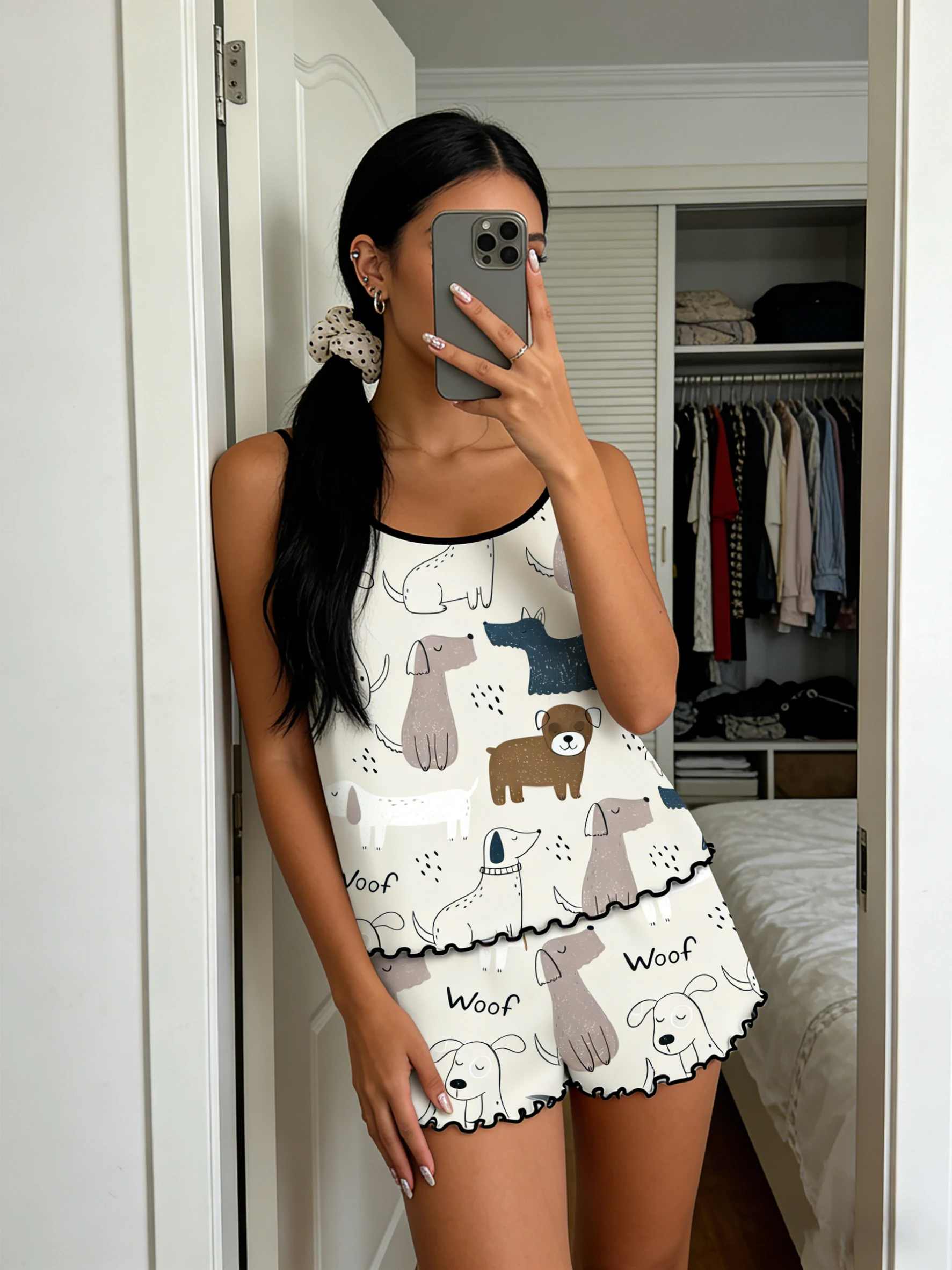 Conjunto de pijama de 2 piezas para mujer, camisola sin mangas con cuello redondo y volantes, pantalones cortos, estampado de perro, primavera, verano, otoño