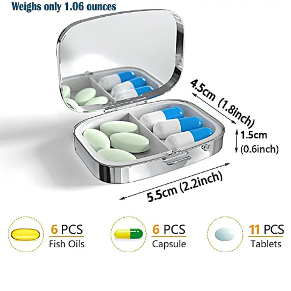 Portable Pill Box With Mirror Mini Travel Medicine Storage Case Compact Daily Organizer Vitamins Medication Pocket Pill Case