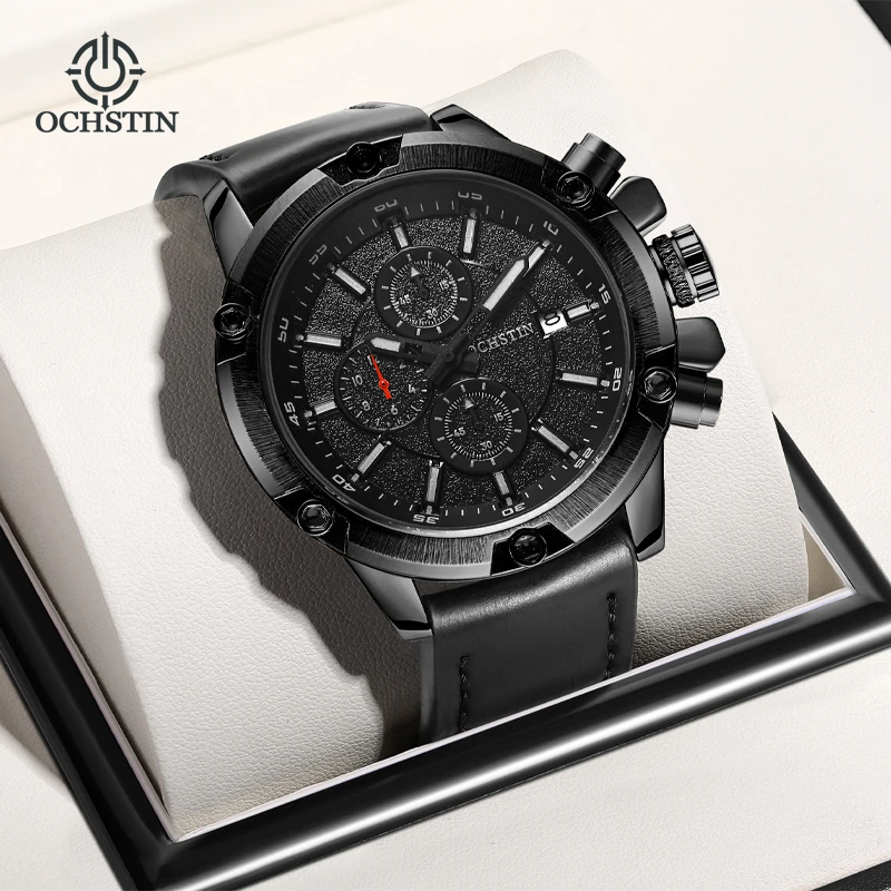 OCHSTIN Men's Multifunction Quartz Watch Man Genuine Leather Strap Navigator Series Daily Waterproof Business Sport Wristwatch