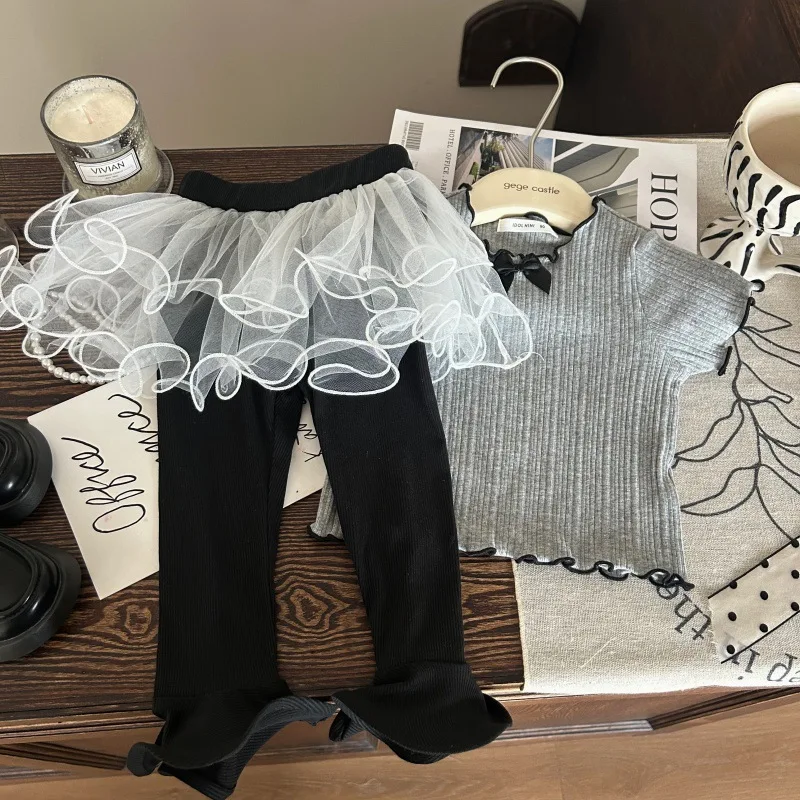 

Children's Clothing 2025 New Summer Girls Knitted Short-sleeved T-shirt Children's Mesh Fart Curtain Leggings Two-piece Set