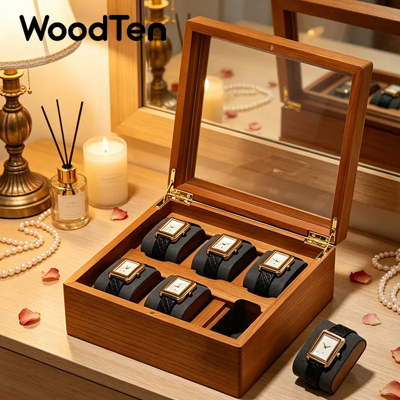 WoodTen Watch Storage Box Delicate Dustproof Glass Cover Watch Box Wristwatch Collection Box Display Storage 6-Gird Watch Box