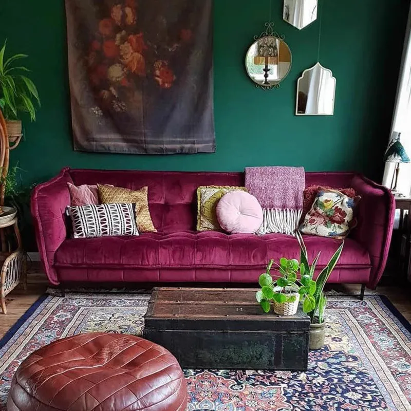 Three-person sofa Living room B & B French rose red velvet double sofa