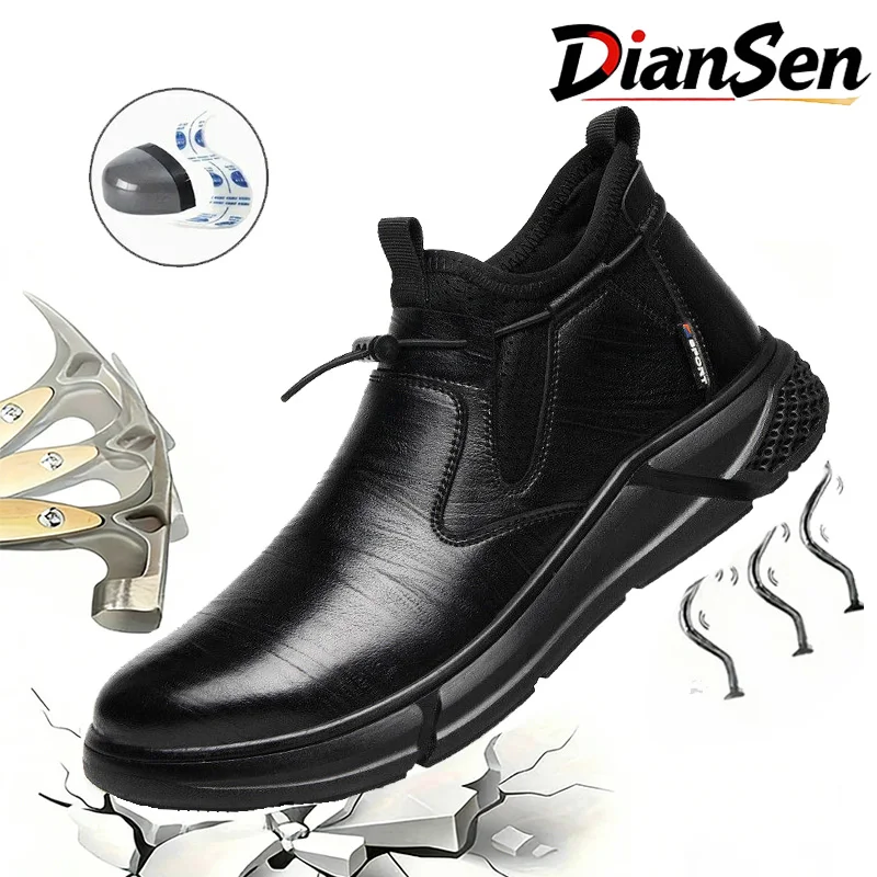 

Рабочая обувь, новые черные кожаные туфли для мужчин, неразрушимые защитные кроссовки со стальным носком, противоскользящие водонепроницаемые ботинки