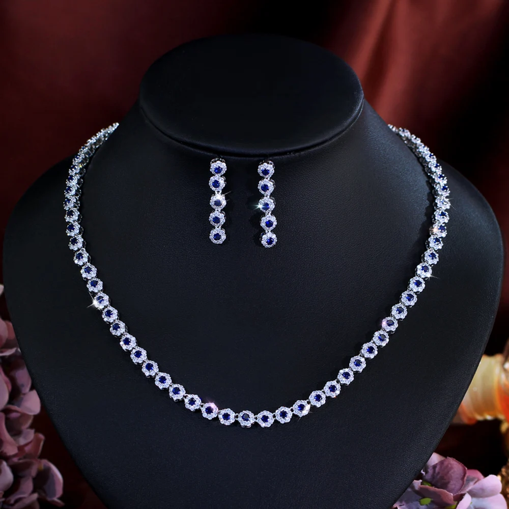 CWWZircons Multi Color Cubic Zirconia Women Wedding Choker Necklace And Earrings Sets Elegant Women Party Costume jewelry T0534