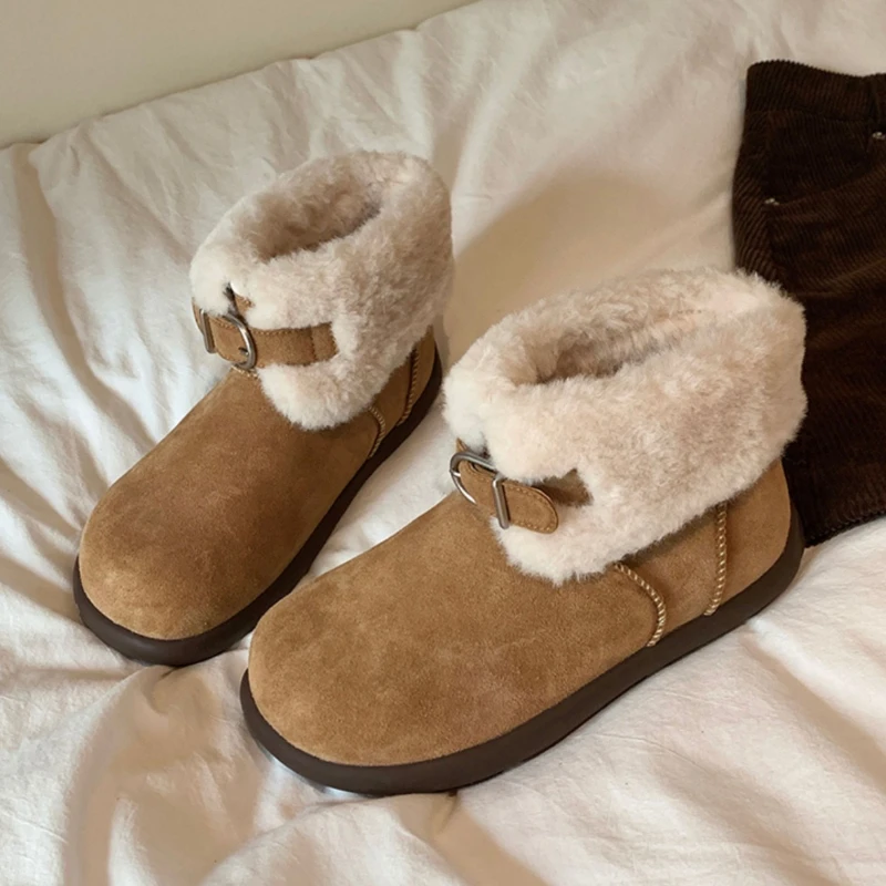 

Furry Snow Women's Boots Ankle Flats Suede Warm Fashion Shoes 2025 Winter Short Plush Cotton Shoes New Brand Cozy Mujer Botas