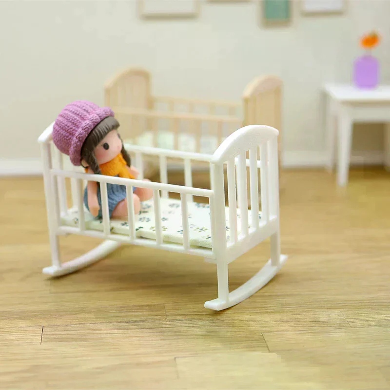 1/12 Dollhouse Mini Cradle Baby Bed Rocking Bed Model Funiture Accessories For Doll House Decor Kids Pretend Play Toys Gift