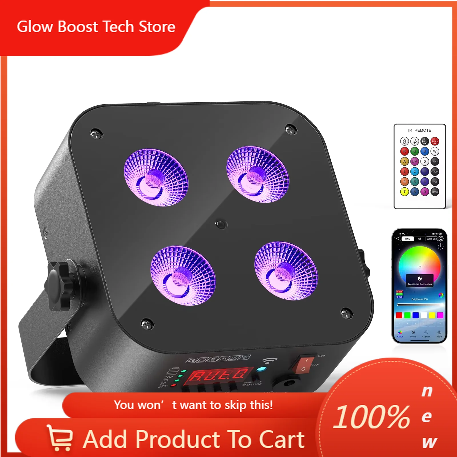 

GBChengfeng Mini Rechargeable Stage Lights 4X18W RGBWA UV 6IN1 Battery Powered Par Lights With APP&Wireless DMX Control&Remotes
