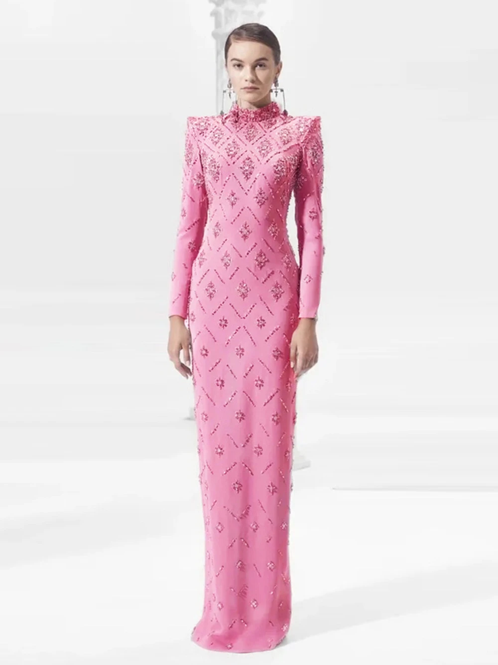 Modphy Sparkly Diamond Women Long Sleeve Sexy Bodycon Long Bandage Dress Evening Party Elegant Red Carpet Birthday Fashion Outfi