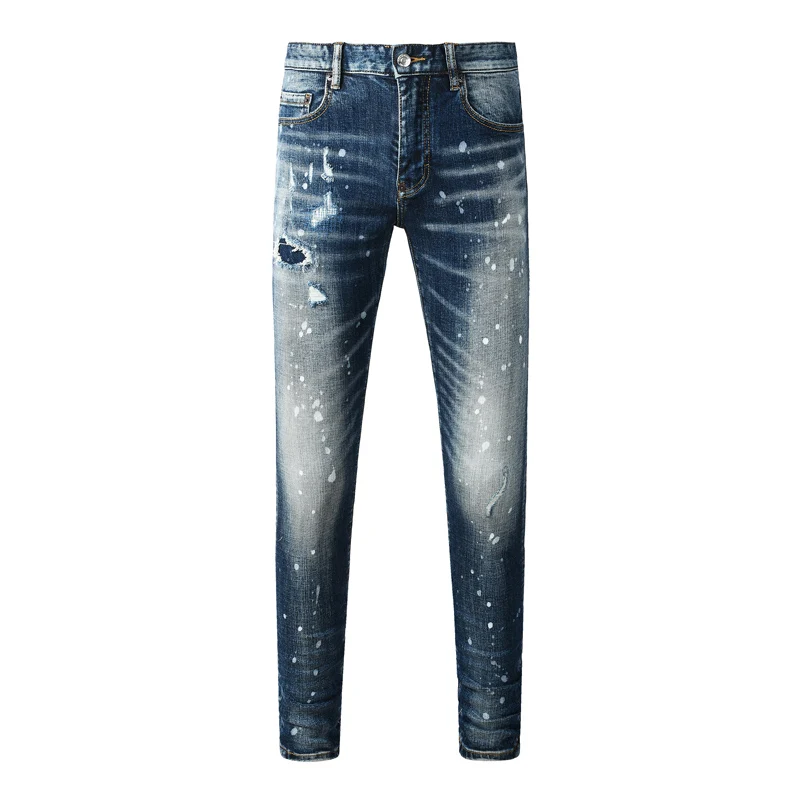 Men Dark‑Blue Splash‑Paint Streaky Washed Ripped Skinny Jeans, Vintage Gradient Distressed Denim Pants, Mid‑Waist Stretch Slim‑F