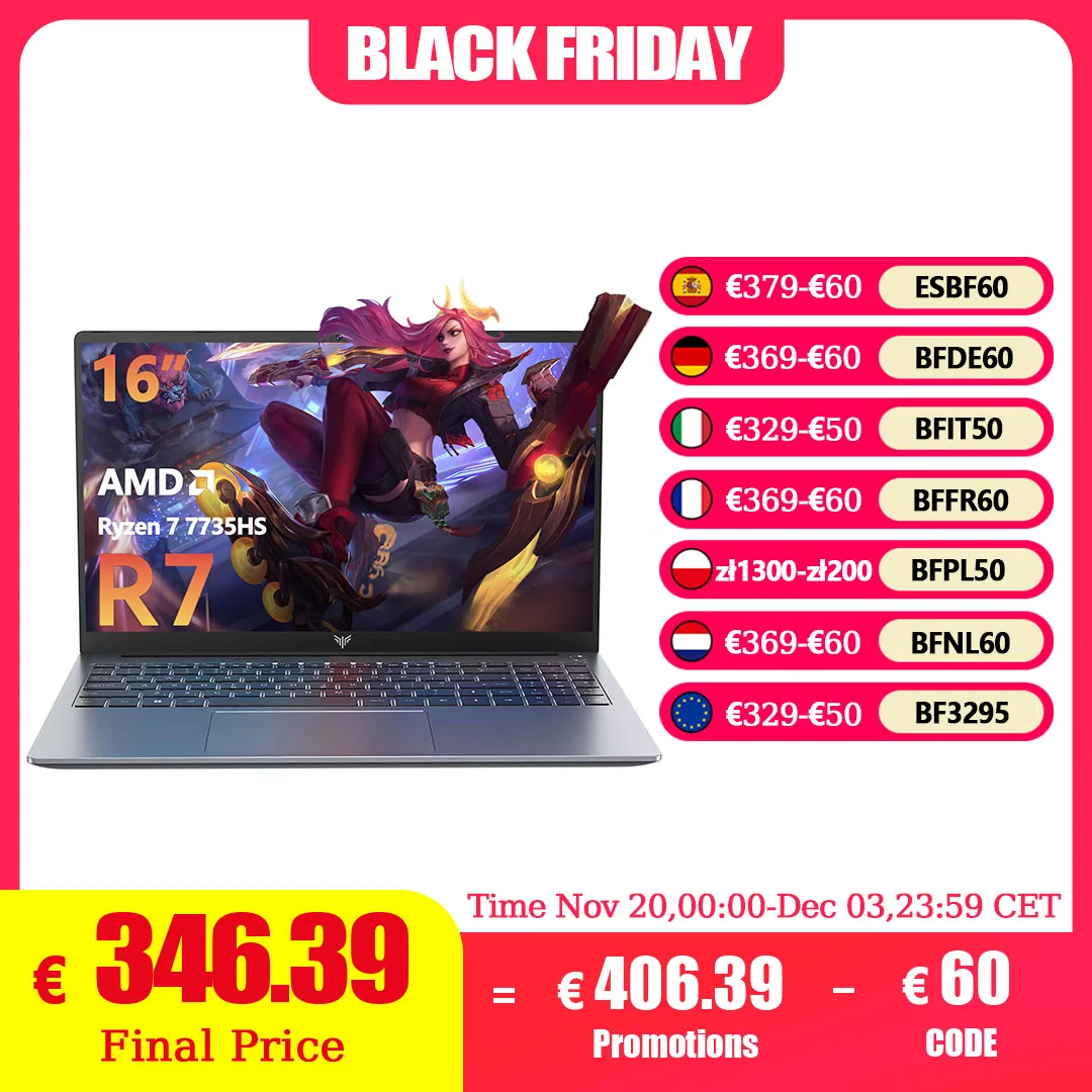 ACEMAGIC ordinateur portable 16 pouces FHD ordinateur portable de jeu AMD Ryzen 7 7735HS 16GB RAM 512GB SSD Windows 11 Pro ordinateur portable rétro-éclairé KB Wifi6 BT5.2