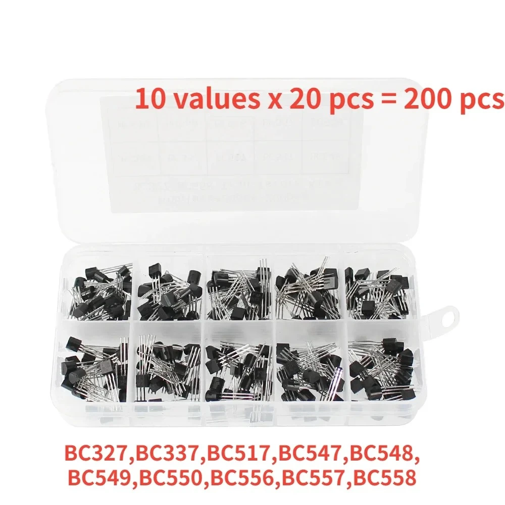 200PCS TO-92 Transistor Assorted Kit 10 Values PNP NPN Transistors BC327 BC337 BC517 BC547 BC548 BC549 BC550 BC556 BC557 BC558