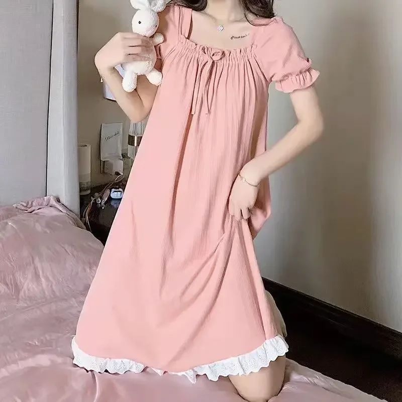 

Nightgowns Women Simple Casual Nighty Summer Baggy Vintage Knee-length Young Sweet Home Comfortable Daily Basics Korean Style